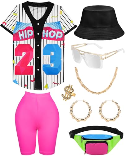 80er 90er Jahre Outfit für Damen, Baseball-Trikot, Shirt, Shorts, Bauchtasche, Retro-Party, Kostüm, Repper Zubehör, Weiß/Pink, 3XL von WILDPARTY