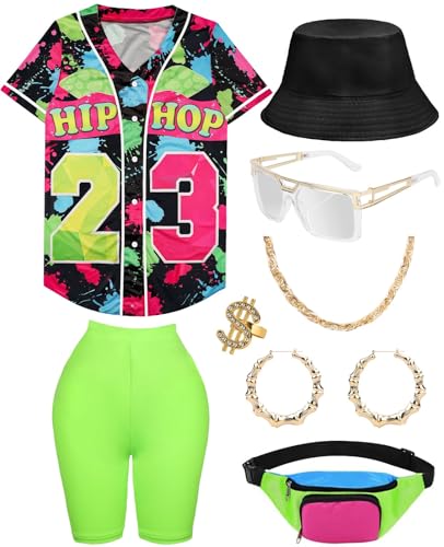 80er 90er Jahre Outfit für Damen, Baseball-Trikot, Shirt, Shorts, Bauchtasche, Retro-Party, Kostüm, Repper Zubehör, blackgreen, 3XL von WILDPARTY