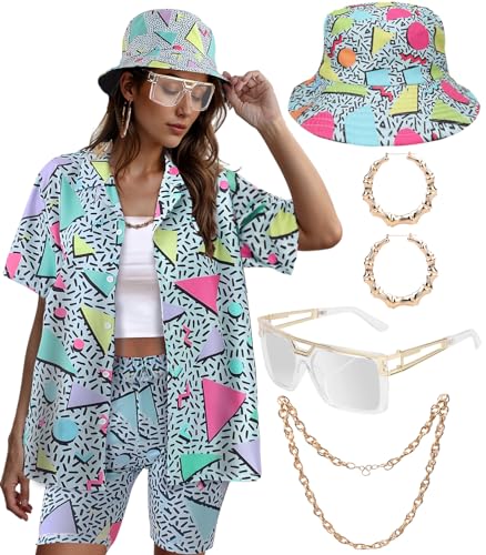 80er 90er Jahre Outfit für Damen, Retro-Mottoparty, Disco-Outfit, Hip-Hop-Kostüm, Knopfleiste, Bluse, Tops, Hawaii, kurzärmelig, 6 Stück, Hellblau, S 80er 90er Jahre Outfit für Damen, Retro-Mottoparty, Disco-Outfit, Hip-Hop-Kostüm, Knopfleiste, Bluse, Tops, Hawaii, kurzärmelig, 6 Stück, Hellblau, S von WILDPARTY