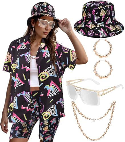 80er 90er Jahre Outfit für Damen, Retro-Mottoparty, Disco-Outfit, Hip-Hop-Kostüm, Knopfleiste, Bluse, Tops, Hawaii, kurzärmelig, 6 Stück, Schwarz, 3XL 80er 90er Jahre Outfit für Damen, Retro-Mottoparty, Disco-Outfit, Hip-Hop-Kostüm, Knopfleiste, Bluse, Tops, Hawaii, kurzärmelig, 6 Stück, Schwarz, 3XL von WILDPARTY