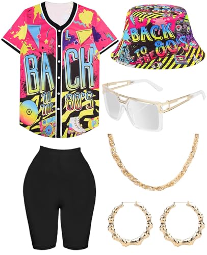 80er 90er Jahre Outfit für Damen, Uni Hip Hop Kostüm Baseball Jersey Shirt Yoga Hose Eimer Hut Goldkette Rapper Zubehör, Rosa (gemusterter Hut), Medium von WILDPARTY