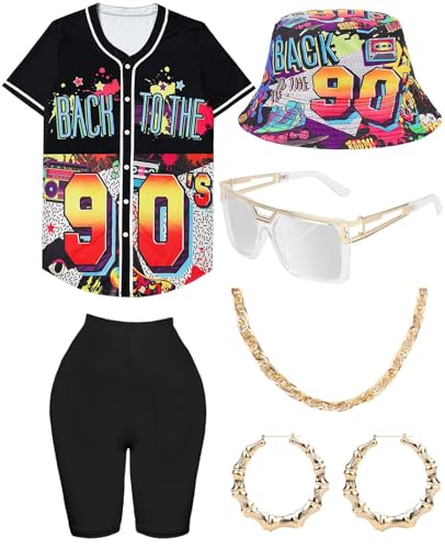 80er 90er Jahre Outfit für Damen, Uni Hip Hop Kostüm Baseball Jersey Shirt Yoga Hose Eimer Hut Goldkette Rapper Zubehör, Schwarz (Muster Hat-2), XXX-Large von WILDPARTY