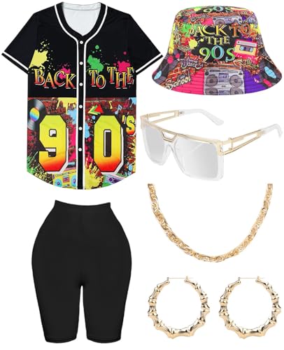 80er 90er Jahre Outfit für Damen, Uni Hip Hop Kostüm Baseball Jersey Shirt Yoga Hose Eimer Hut Goldkette Rapper Zubehör, Schwarz (Muster Hat-3), XXX-Large von WILDPARTY