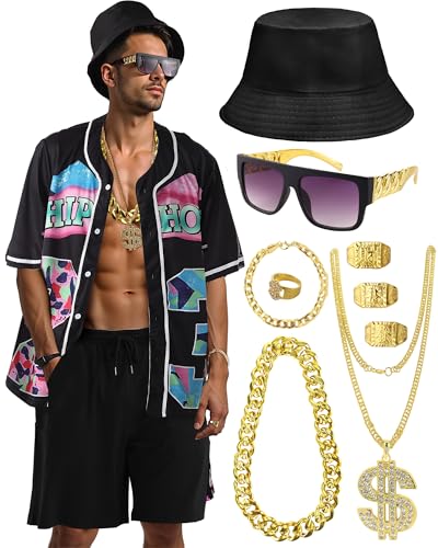 80er 90er Jahre Outfit für Herren Hip Hop Kostüm Baseball Trikot Shirt Shorts Rapper Zubehör 1990er Party Kostüm, Allblack, 3XL 80er 90er Jahre Outfit für Herren Hip Hop Kostüm Baseball Trikot Shirt Shorts Rapper Zubehör 1990er Party Kostüm, Allblack, 3XL von WILDPARTY