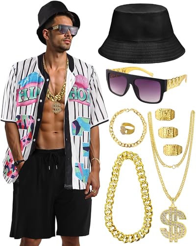 80er 90er Jahre Outfit für Herren Hip Hop Kostüm Baseball Trikot Shirt Shorts Rapper Zubehör 1990er Party Kostüm, Whiteblack, Small 80er 90er Jahre Outfit für Herren Hip Hop Kostüm Baseball Trikot Shirt Shorts Rapper Zubehör 1990er Party Kostüm, Whiteblack, Small von WILDPARTY
