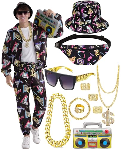80er 90er Jahre Trainingsanzug Outfit Herren, Kostüm Jogginganzug Hose Set, Aufblasbarer Ghettoblaster Bauchtasche Sonnenbrille Hut Halskette Armband Ring, Hip Hop Sportbekleidung Karneval Mottoparty 80er 90er Jahre Trainingsanzug Outfit Herren, Kostüm Jogginganzug Hose Set, Aufblasbarer Ghettoblaster Bauchtasche Sonnenbrille Hut Halskette Armband Ring, Hip Hop Sportbekleidung Karneval Mottoparty von WILDPARTY
