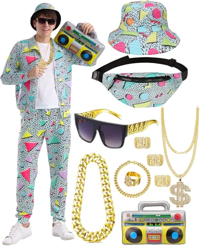 80er 90er Jahre Trainingsanzug Outfit Herren, Kostüm Jogginganzug Hose Set, Aufblasbarer Ghettoblaster Bauchtasche Sonnenbrille Hut Halskette Armband Ring, Hip Hop Sportbekleidung Karneval Mottoparty von WILDPARTY