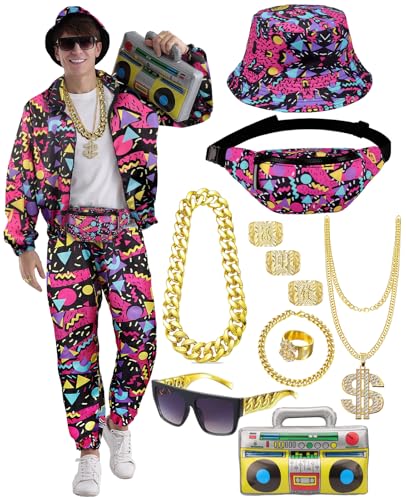 80er 90er Jahre Trainingsanzug Outfit Herren, Kostüm Jogginganzug Hose Set, Aufblasbarer Ghettoblaster Bauchtasche Sonnenbrille Hut Halskette Armband Ring, Hip Hop Sportbekleidung Karneval Mottoparty von WILDPARTY