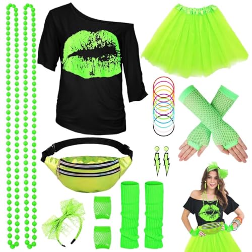 WILDPARTY 80er Jahre Outfit Damen Set, T-Shirt, Tutu, Gürteltasche, Stirnband, Ohrring, Halskette, Netzhandschuhe, 80er Jahre Kleidung Kostüm Neon Accessoires Party Karneval Clothes-80SMouth-Green-L von WILDPARTY