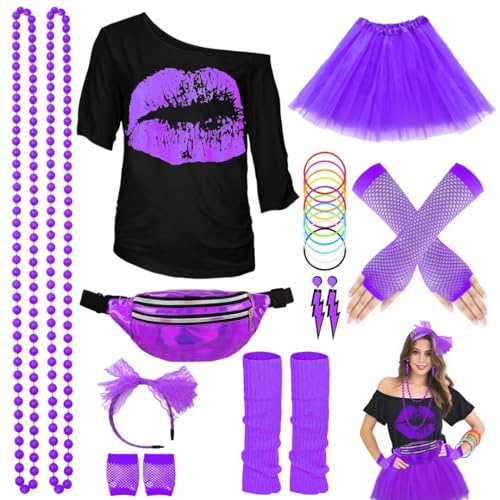 80er Jahre Outfit Damen Set, T-Shirt, Tutu, Gürteltasche, Stirnband, Ohrring, Halskette, Netzhandschuhe, 80er Jahre Kleidung Kostüm Neon Accessoires Thema Party Karneval Clothes-80SMouth-Purple-M von WILDPARTY