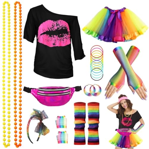 80er Jahre Outfit Damen Set, T-Shirt, Tutu, Gürteltasche, Stirnband, Ohrring, Halskette, Netzhandschuhe, 80er Jahre Kleidung Kostüm Neon Accessoires Party Karneval Clothes-80SMouth-Multicolour-XL von WILDPARTY