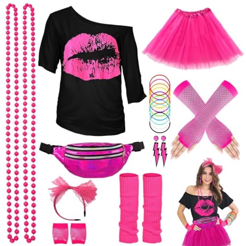 80er Jahre Outfit Damen Set, T-Shirt, Tutu, Gürteltasche, Stirnband, Ohrring, Halskette, Netzhandschuhe, 80er Jahre Kleidung Kostüm Neon Accessoires Thema Party Karneval Clothes-80SMouth-Pink-2XL von WILDPARTY