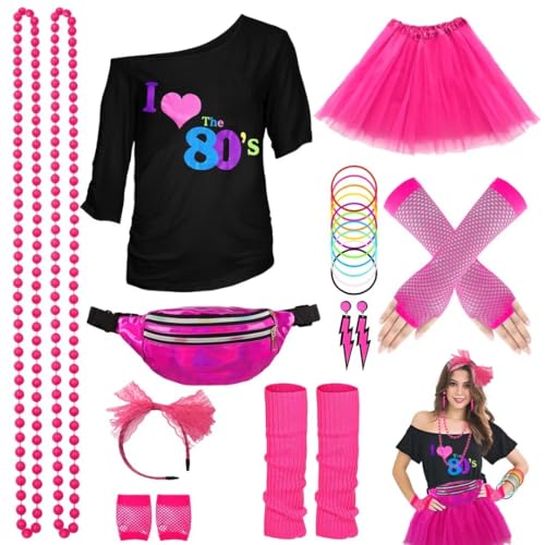 80er Jahre Outfit Damen Set, T-Shirt, Tutu, Gürteltasche, Stirnband, Ohrring, Halskette, Netzhandschuhe, 80er Jahre Kleidung Kostüm Neon Accessoires Thema Party Karneval Clothes-80SLove-Pink-2XL von WILDPARTY