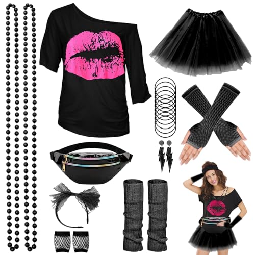 80er Jahre Outfit Damen Set, T-Shirt, Tutu, Gürteltasche, Stirnband, Ohrring, Halskette, Netzhandschuhe, 80er Jahre Kleidung Kostüm Neon Accessoires Party Karneval Clothes-80SMouth-Black-3XL von WILDPARTY