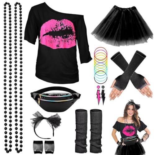 80er Jahre Outfit Damen Set, T-Shirt, Tutu, Gürteltasche, Stirnband, Ohrring, Halskette, Netzhandschuhe, 80er Jahre Kleidung Kostüm Neon Accessoires Party Karneval Clothes-80SMouth-Black-3XL von WILDPARTY