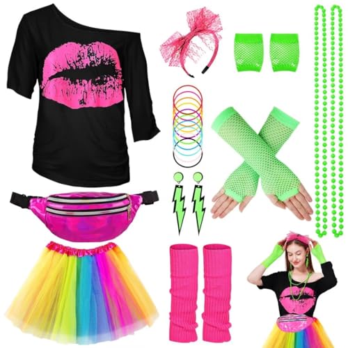 WILDPARTY 80er Jahre Outfit Damen Set, T-Shirt, Tutu, Gürteltasche, Stirnband, Ohrring, Halskette, Netzhandschuhe, 80er Jahre Kleidung Kostüm Neon Accessoires Party Karneval Clothes-80SMouth-Mashup-L von WILDPARTY