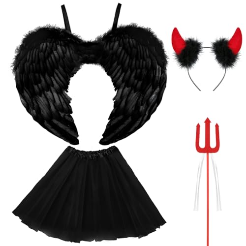 Teufel Kostüm Damen Schwarz, Tutu-Rock, Teufelsflügel, Heiligenschein und Zauberstab, Engelsflügel Kostüm Schwarz Flügel Tutu-Rock, Halloween Kostüme Erwachsenes Angel-Demon-Black-60cm von WILDPARTY