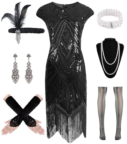WILDPARTY 1920er Jahre Damen Flapper Kleider Gatsby Pailletten Kleider Vintage Spitze Fransen Cocktailkleid mit 20er Jahre Zubehör Set, Schwarz, XXL von WILDPARTY