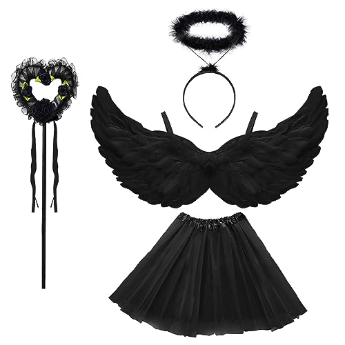 Engel Kostüm Damen Schwarz, TUTU-Rock, Engel Flüge, Heiligenschein und Zauberstab, Engelsflügel Deko Kostüm Schwarz Flügel und TUTU-Rock, Halloween Kostüme Karneval Party Cosplay Erwachsenes von WILDPARTY