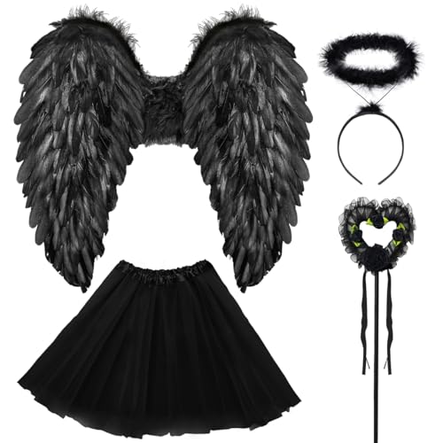 WILDPARTY Engel Teufel Kostüm Damen Schwarz, TUTU-Rock, Engel Flüge, Heiligenschein und Zauberstab, Engelsflügel Deko Kostüm, Halloween Kostüme Karneval Party Cosplay Erwachsenes von WILDPARTY