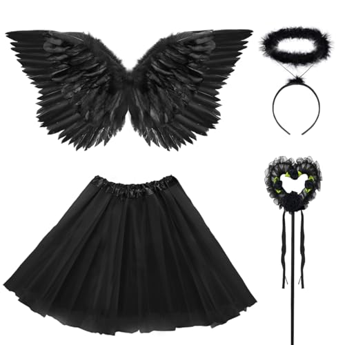 WILDPARTY Engel Teufel Kostüm Damen Schwarz, TUTU-Rock, Engelsflügel, Heiligenschein und Zauberstab, Engel Flüge Deko Kostüm, Halloween Kostüme Karneval Party Cosplay Erwachsenes Feenflügel von WILDPARTY