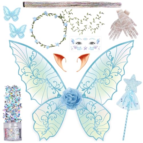 Feenflügel für Erwachsene und Frauen, Blumengirlande, Sternstäbe, Haar-Lametta, Elfenohren, Feenkostüm, Halloween, Cosplay, 13 Stück, Blau von WILDPARTY