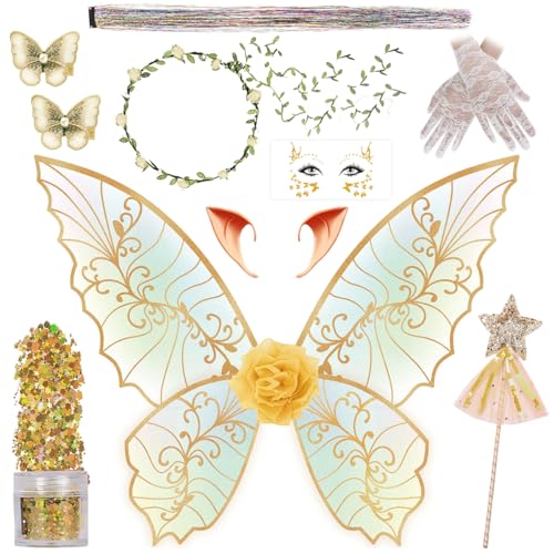 Feenflügel für Erwachsene und Frauen, Blumengirlande, Sternstäbe, Haar-Lametta, Elfenohren, Feenkostüm, Halloween, Cosplay, 13 Stück, Gelb von WILDPARTY