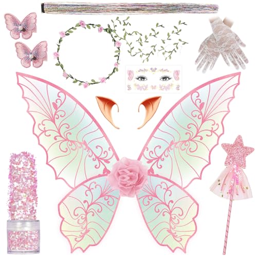 Feenflügel für Erwachsene und Frauen, Blumengirlande, Sternstäbe, Haar-Lametta, Elfenohren, Feenkostüm, Halloween, Cosplay, 13 Stück, Rosa von WILDPARTY