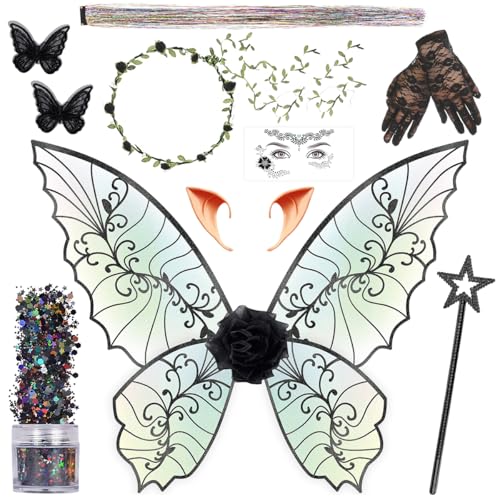 Feenflügel für Erwachsene und Frauen, Blumengirlande, Sternstäbe, Haar-Lametta, Elfenohren, Feenkostüm, Halloween, Cosplay, 13 Stück, Schwarz von WILDPARTY
