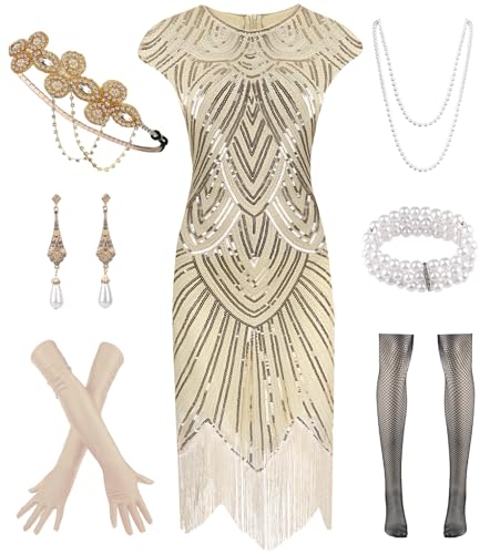 WILDPARTY 1920er Jahre Damen Flapper Kleider Gatsby Pailletten Kleider Vintage Spitze Fransen Cocktailkleid mit 20er Jahre Zubehör Set(Apricot-M) von WILDPARTY