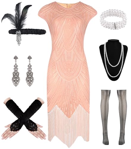 WILDPARTY 1920er Jahre Damen Flapper Kleider Gatsby Pailletten Kleider Vintage Spitze Fransen Cocktailkleid mit 20er Jahre Zubehör Set, Pink, L von WILDPARTY
