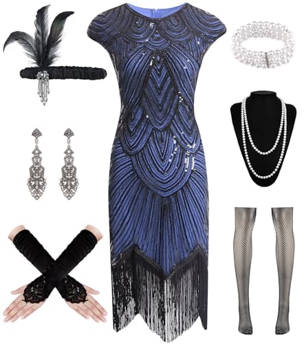 WILDPARTY 1920er Jahre Damen Flapper Kleider Gatsby Pailletten Kleider Vintage Spitze Fransen Cocktailkleid mit 20er Jahre Zubehör Set, schwarz / blau, M von WILDPARTY