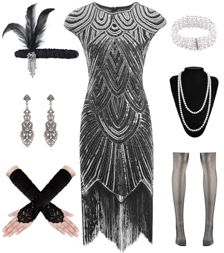 WILDPARTY 1920er Jahre Damen Flapper Kleider Gatsby Pailletten Kleider Vintage Spitze Fransen Cocktailkleid mit 20er Jahre Zubehör Set, schwarz / silber, L von WILDPARTY