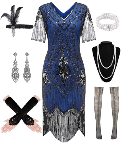 WILDPARTY 1920er Jahre Flapper-Kleid für Damen, Pailletten-Kleid, V-Ausschnitt, Spitze, Fransen, Gatsby-Kleid, Kostüm mit brüllenden 20er-Jahren Zubehör (Schwarz-Blau, L) von WILDPARTY