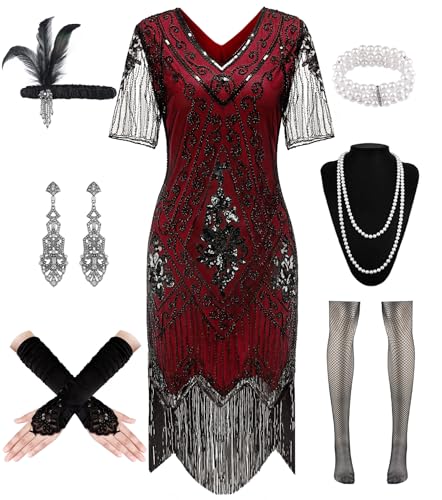 WILDPARTY 1920er Jahre Flapper-Kleid für Damen, Pailletten-Kleid, V-Ausschnitt, Spitze, Fransen, Gatsby-Kleid, Kostüm mit brüllenden 20er-Jahren Zubehör (Schwarz-Rot-XXL), Damen, 20er Jahre von WILDPARTY