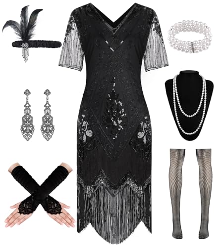 WILDPARTY 1920er Jahre Flapper-Kleid für Damen, Paillettenkleid, V-Ausschnitt, Spitze, Fransen, Gatsby-Kleid, Kostüm mit brüllenden 20er-Jahre-Accessoires (Schwarz-XXXL), Damen, 20er-Jahre, Schwarz, von WILDPARTY