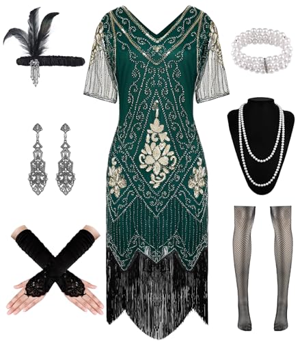 WILDPARTY 1920er Jahre Flapper-Kleid für Damen, Paillettenkleid, V-Ausschnitt, Spitze, Fransen, Gatsby-Kleid, Kostüm mit brüllenden 20er-Jahren Accessoires (Goldgrün), Größe L, 20er Jahre von WILDPARTY