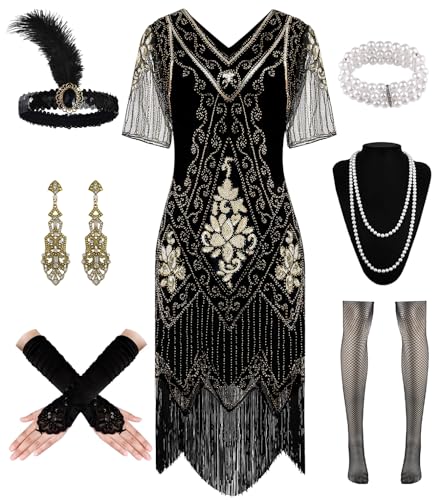 WILDPARTY 1920er Jahre Flapper-Kleid für Damen, Paillettenkleid, V-Ausschnitt, Spitze, Fransen, Gatsby-Kleid, Kostüm mit brüllenden 20er-Jahren Accessoires (Schwarz-Gold-XL) von WILDPARTY