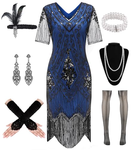 WILDPARTY 1920er Jahre Flapper-Kleid für Damen, Paillettenkleid, V-Ausschnitt, Spitze, Fransen, Gatsby-Kleid, Kostüm mit brüllenden 20er-Jahren Zubehör (Schwarz-Blau, M) von WILDPARTY