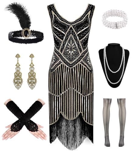 WILDPARTY 1920er Jahre Flapper-Kleid für Damen, V-Ausschnitt, Pailletten, Perlen, Fransen, Gatsby-Kleid, Cocktailkleid mit brüllenden 20er-Jahre-Accessoires (Schwarz-Gold, Größe M) von WILDPARTY