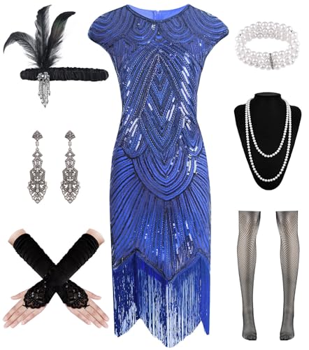 WILDPARTY 1920er Jahre Damen Flapper Kleider Pailletten Kleider Vintage Spitze Fransen Cocktailkleid mit 20er Jahre Zubehör Set, Light-Blue, XXL von WILDPARTY