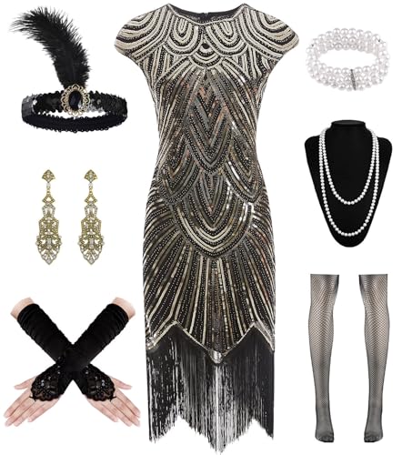 WILDPARTY 1920er Jahre Frauen Flapper Kleider Gatsby Pailletten Kleider Vintage Spitze Fransen Cocktailkleid mit 20er Jahre Zubehör Set, Schwarz / Gold, S von WILDPARTY