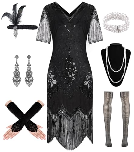 WILDPARTY 20er Jahre Kleid Roaring 20s Charleston Kleid, Flapper Kleid mit Dünn Ärmel Pailletten Perlen Fransen, Gatsby Kleid 20er Jahre Accessoires, Vintage Mafia Kostüm Damen Fasching Karneval von WILDPARTY