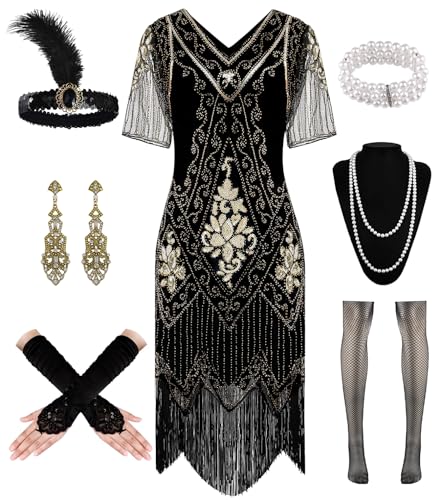 WILDPARTY 20er Jahre Kleid Roaring 20s Charleston Kleid, Flapper Kleid mit Dünn Ärmel Pailletten Perlen Fransen, Gatsby Kleid 20er Jahre Accessoires, Vintage Mafia Kostüm Damen Fasching Karneval von WILDPARTY