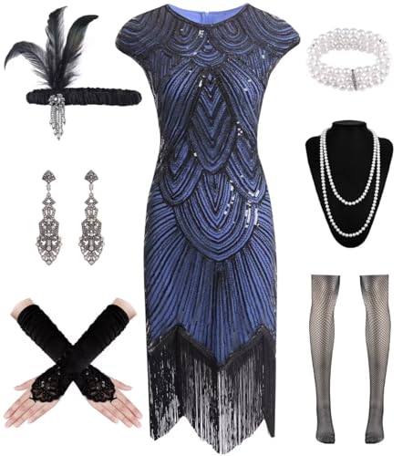 WILDPARTY 20er Jahre Kostüm Damen Charleston Kleid, Flapper Kleid mit Pailletten Perlen Fransen Netzstrümpfe, Gatsby Kleid 20er Jahre Accessoires, Vintage Mafia Kostüm Damen Fasching Karneval von WILDPARTY