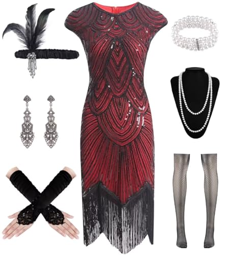 WILDPARTY 20er Jahre Kostüm Damen Charleston Kleid, Flapper Kleid mit Pailletten Perlen Fransen Netzstrümpfe, Kleider 20er Jahre Accessoires, Vintage Mafia Kostüm Damen Cocktailkleid von WILDPARTY