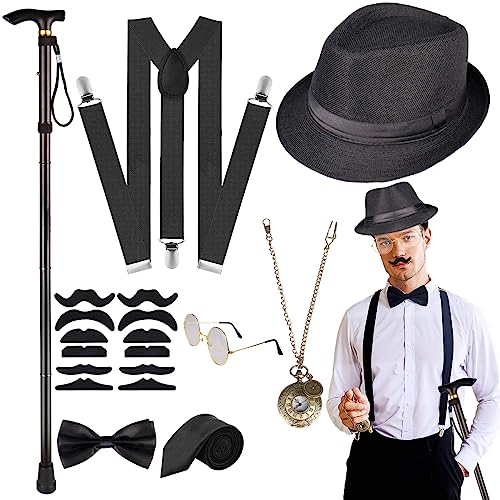 WILDPARTY 20er Jahre Kostüm Herren Accessoires, Faltbarer Krücken Metall, Fedora Hut, Gläser, Fliege, Hosenträger, Mafia Gatsby Kostüm 1920S Gangster Halloween Party von WILDPARTY