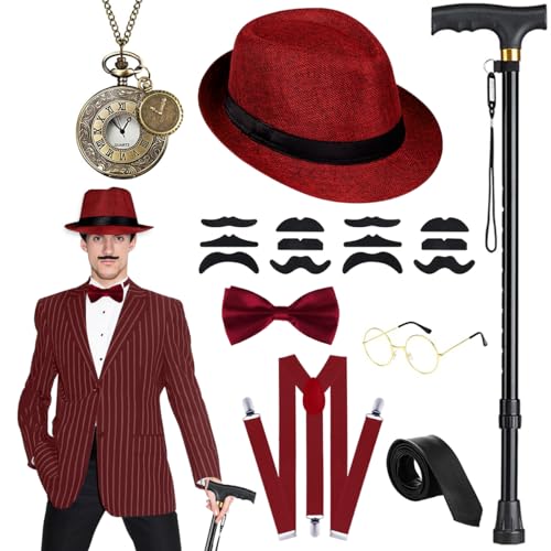 WILDPARTY 20er Jahre Kostüm Herren Accessoires, Faltbarer Krücken Metall, Fedora Hut,Taschenuhr, Metallbrille, Fliege, Hosenträger, Mafia Gatsby Kostüm 1920S Gangster Made China von WILDPARTY