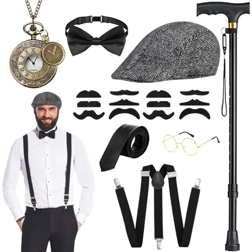 WILDPARTY 20er Jahre Kostüm Herren Accessoires, Faltbarer Krücken Metall, Panamahut, Taschenuhr, Metallbrille, Fliege, Hosenträger, Mafia Kostüm 1920S Gangster Made China von WILDPARTY