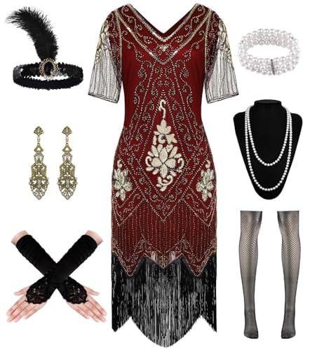 WILDPARTY 20er Jahre Kostüm Damen Roaring 20s Charleston Kleid, Flapper Kleid mit Dünn Ärmel Pailletten Perlen Fransen Gatsby Kleid 20er Jahre Accessoires Vintage Mafia Kostüm Fasching Karneval von WILDPARTY